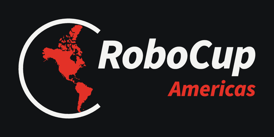 The full logo for dark backgrounds: white ring, red map, RoboCup in white, Americas in red