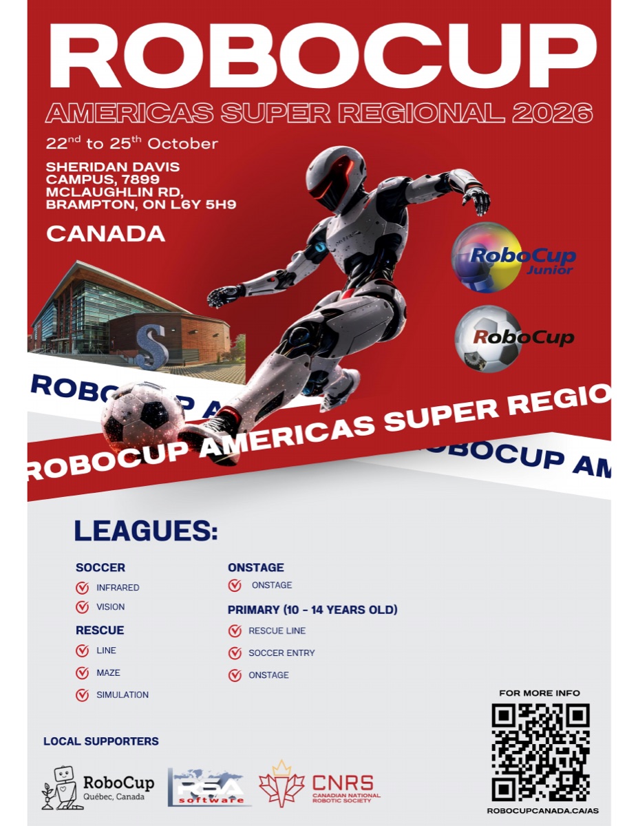 The 2026 event poster: RoboCup Americas Super Regional, 22–25 October at Sheridan College's Davis Campus in Brampton, Ontario, listing the Soccer, Rescue, OnStage and Primary leagues.