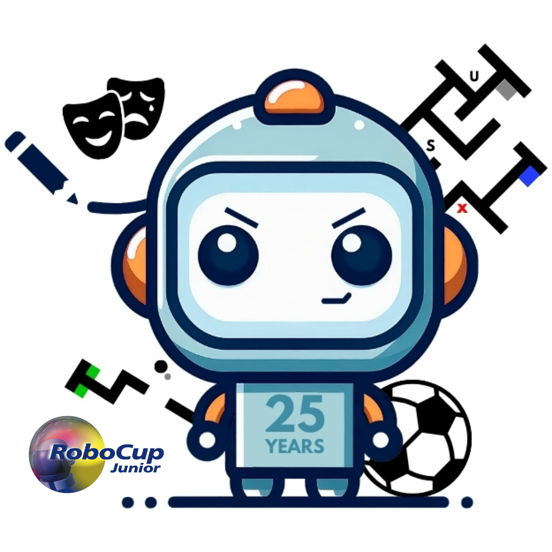 The winning artwork commemorating 25 years of RoboCupJunior: a robot mascot with a soccer ball, theatre masks, and a rescue maze.